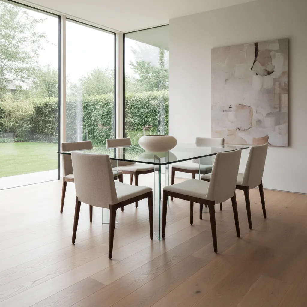 Minimalist glass dining table with a large ceramic bowl centerpiece