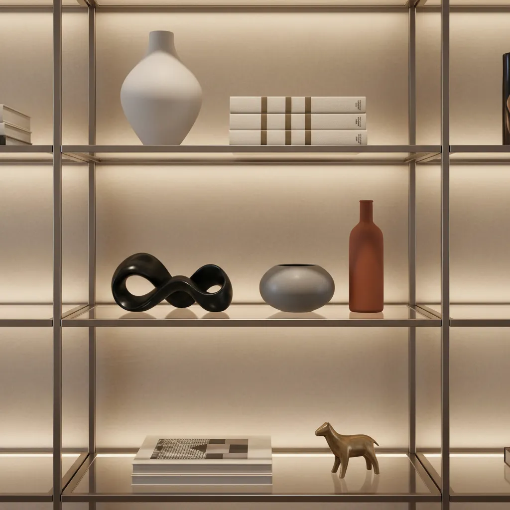 minimal styled glass showcase shelves with decorative objects