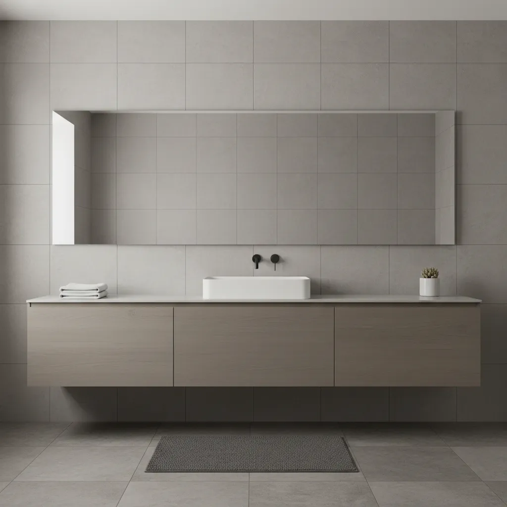 Minimalist gray bathroom interior with neutral palette ready for accent colors