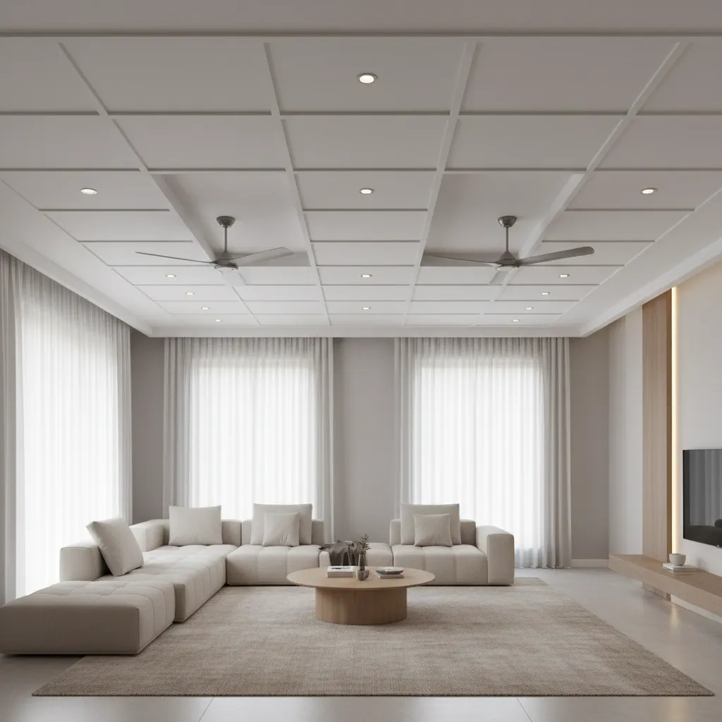Minimal grid POP ceiling design in hall with two ceiling fans