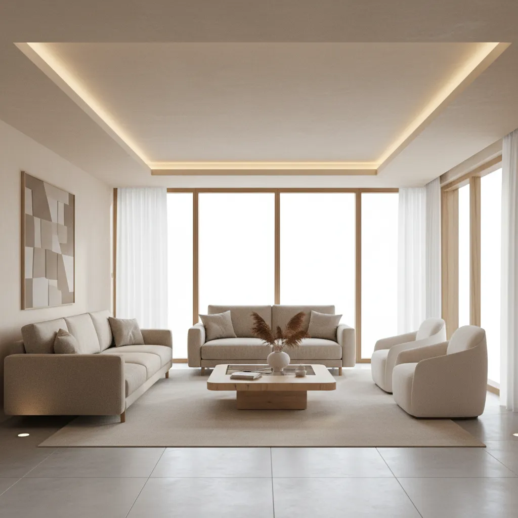 Minimal gypsum ceiling design in a modern living hall with soft lighting
