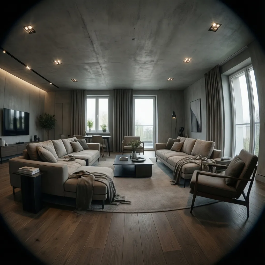 modern living room with simple gypsum ceiling and recessed lights