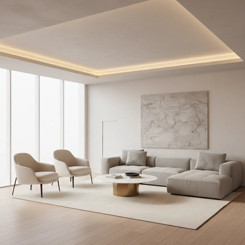 Simple gypsum tray false ceiling in a modern living room