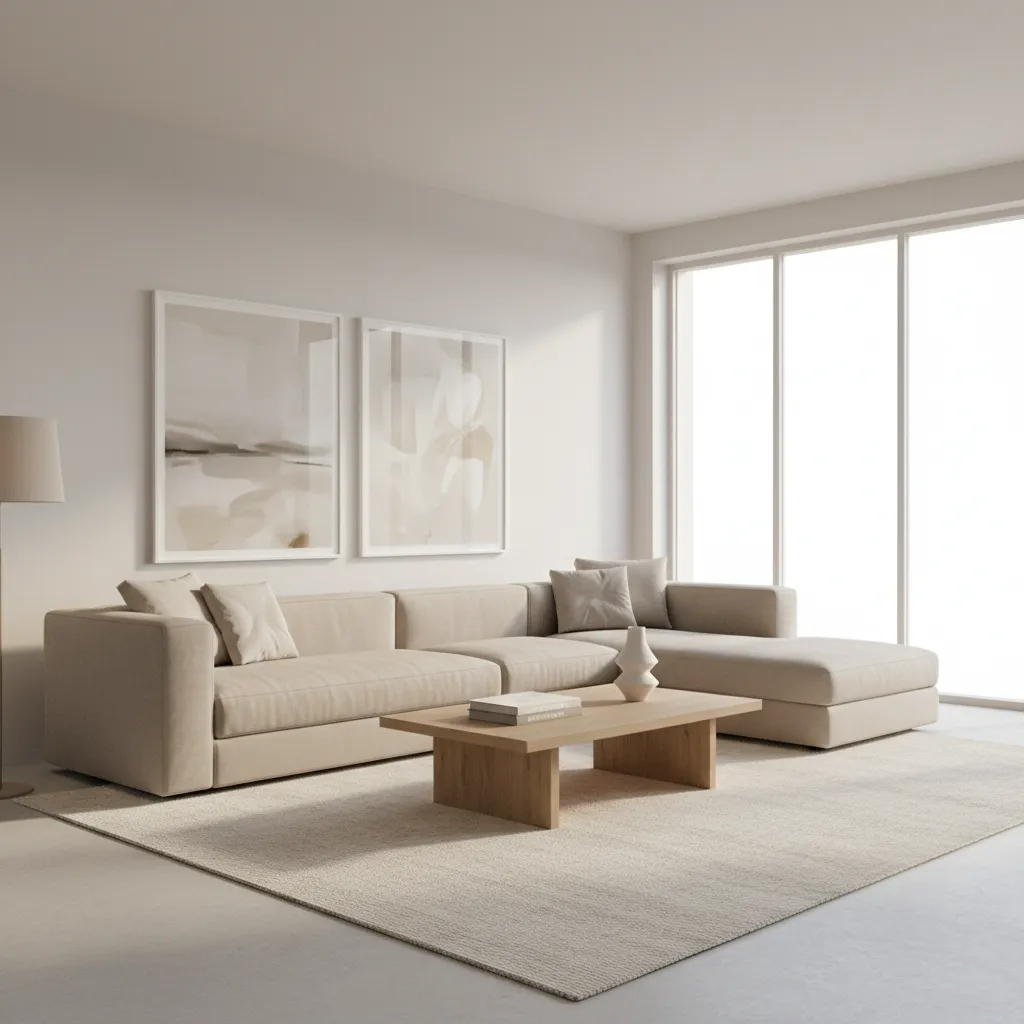 neutral color palette living hall with beige sofa wood furniture and soft decor