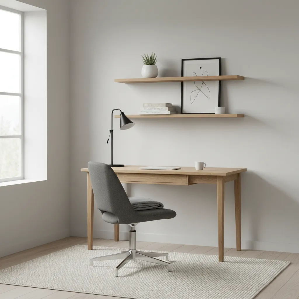 Minimal home office with wooden desk, grey chair, black desk lamp, wall shelves, and rug