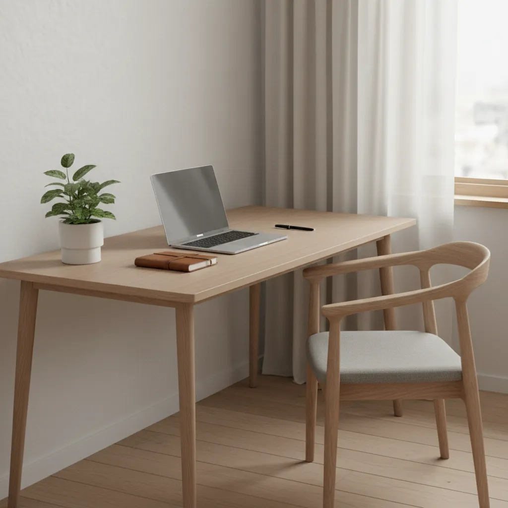 minimal home office workspace with clean desk and natural light