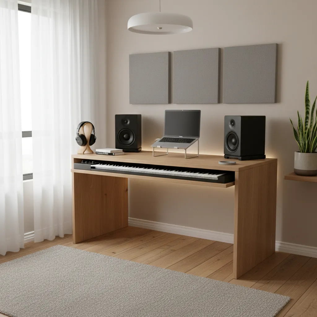 minimal home studio office setup with integrated midi keyboard desk and monitors