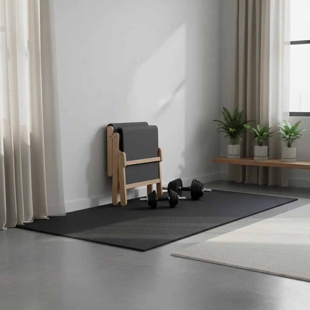 Espacio minimalista para entrenar en casa con banco y mancuernas
