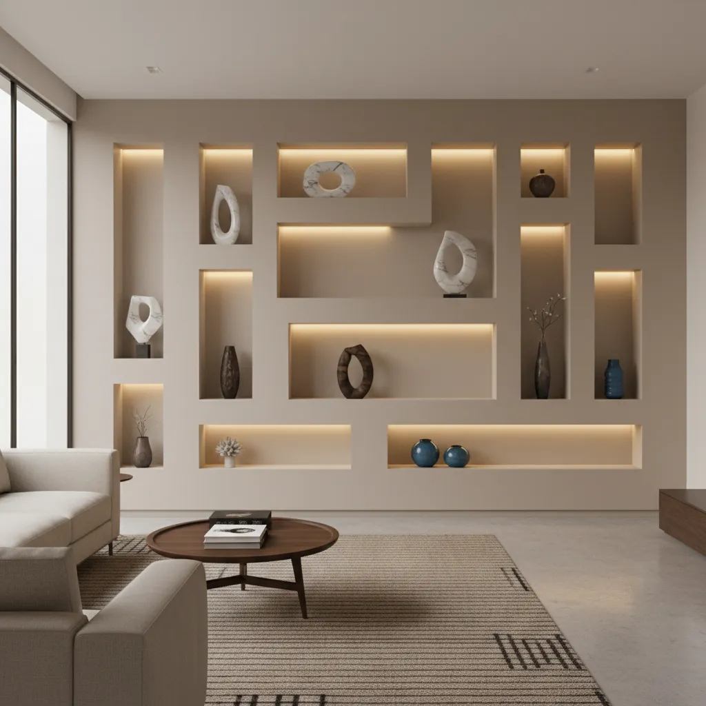 Minimal Indian wall niche showcase with lighting and decor