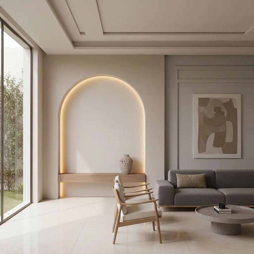 Minimal plaster arch jharokha niche with LED lighting