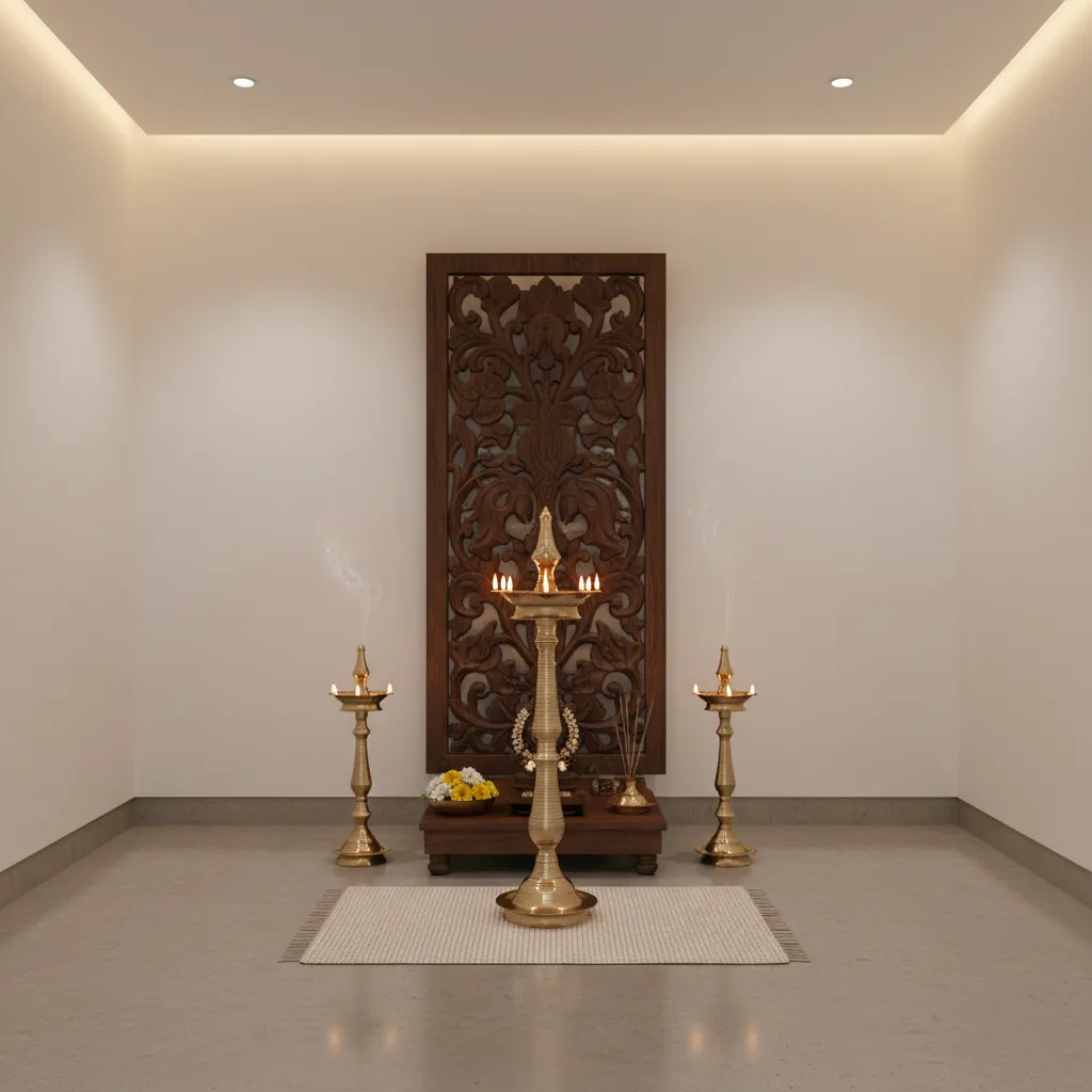 Minimal Kerala style pooja space focusing on brass oil lamp
