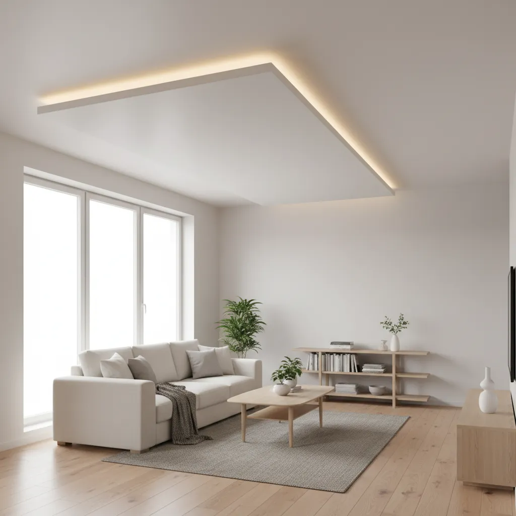 Minimal modern L shaped ceiling with LED strip lighting in living room