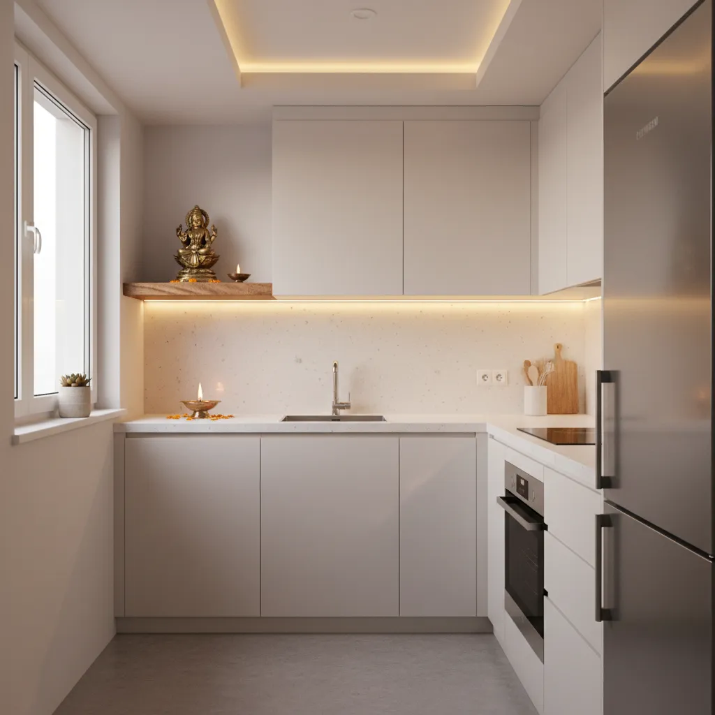 Minimal Lakshmi pooja decoration in a compact kitchen with diya lighting