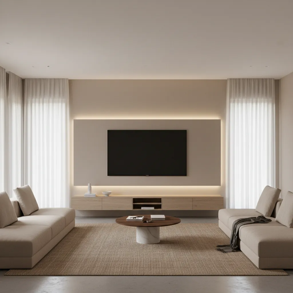 Minimal LED TV wall panel with floating console in modern drawing room