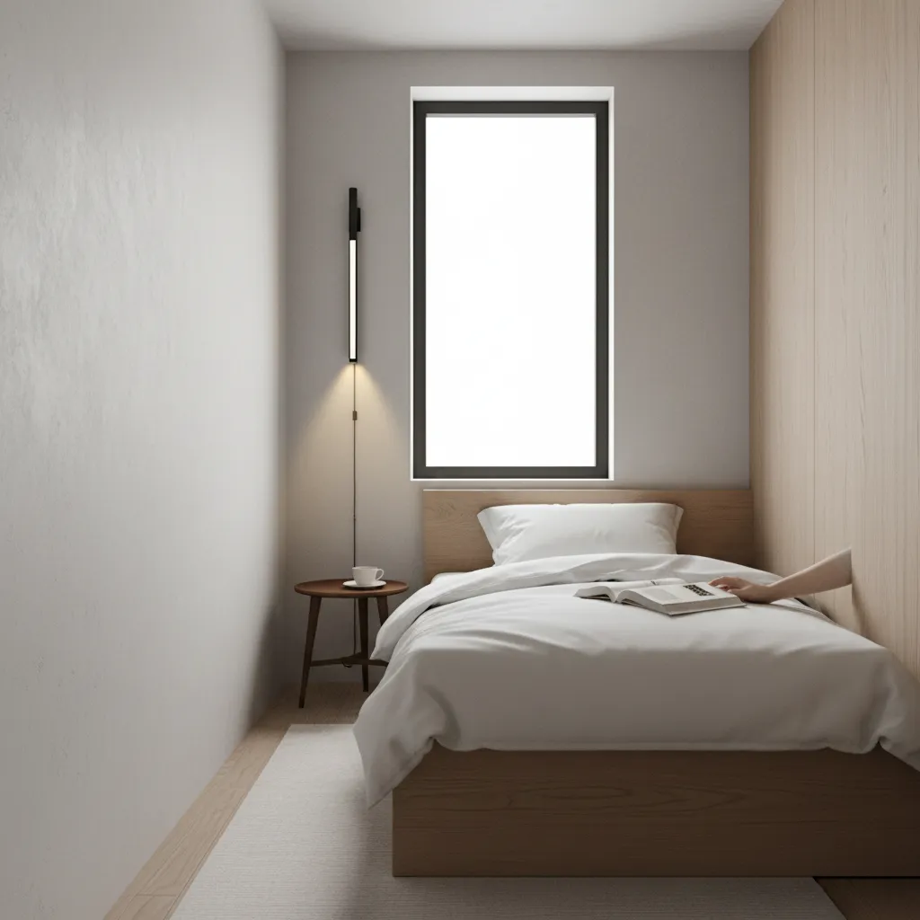 Slim minimalist LED wall reading light mounted beside a bed in a small modern bedroom