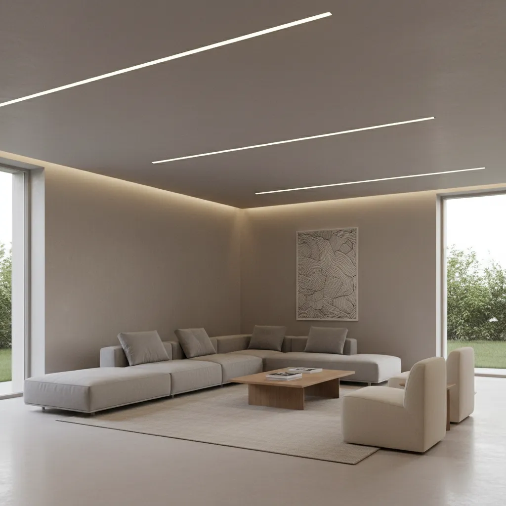 minimal linear ceiling design with recessed lights in L shaped hall