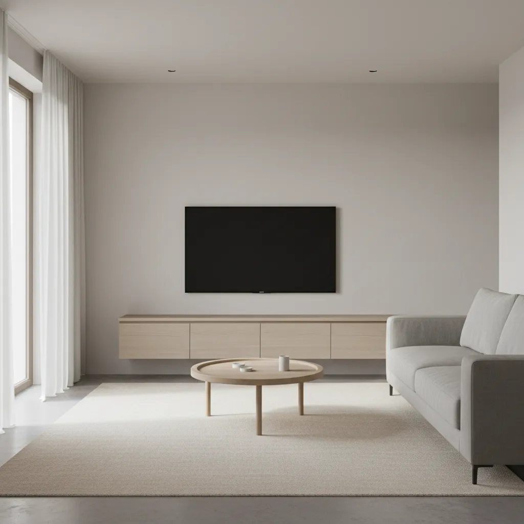 Minimal living room with simple TV cabinet and wall mounted television