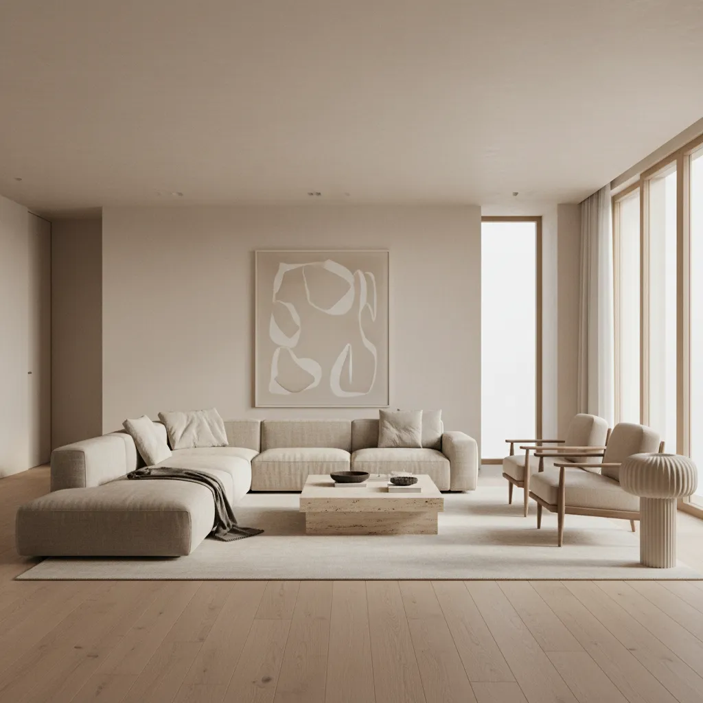 Minimal luxury living room with neutral tones and clean furniture arrangement