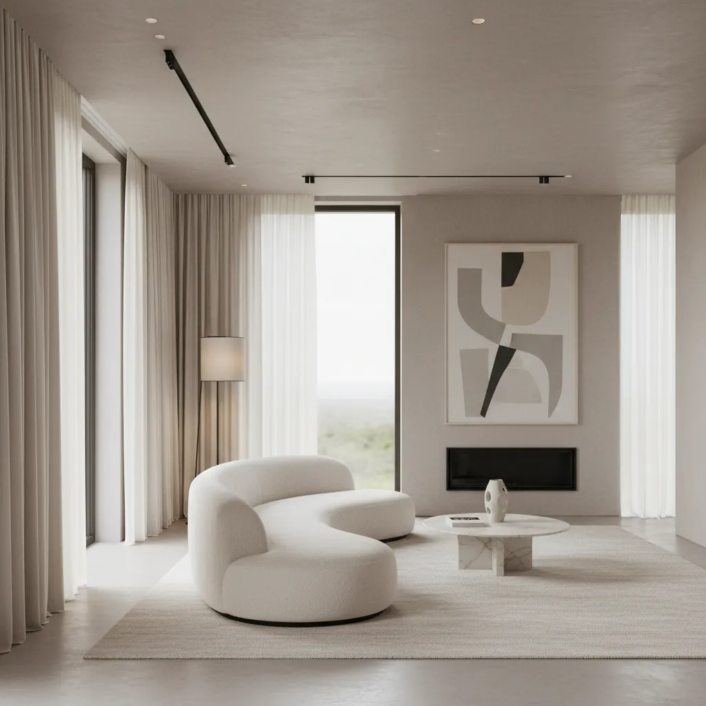 Minimal luxury living room with spacious layout and sculptural furniture