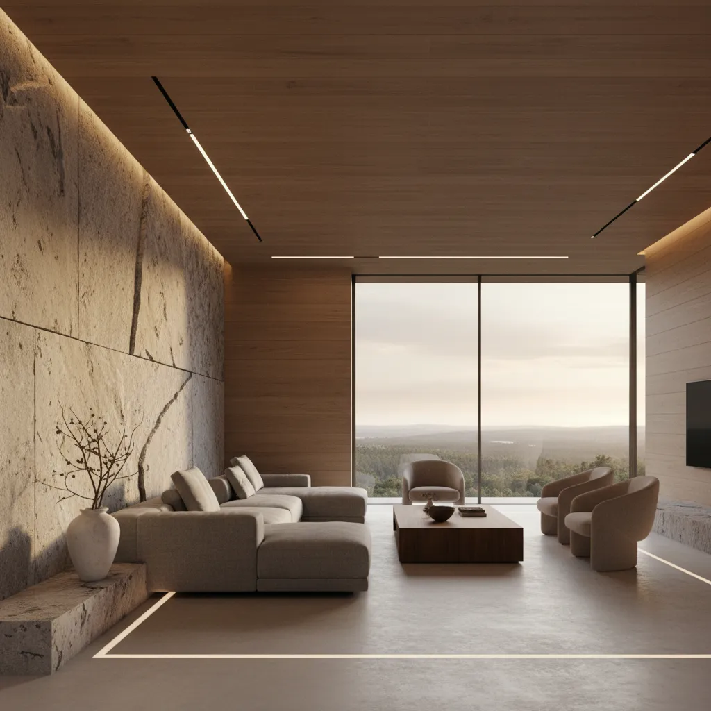 Minimal luxury residential interior with stone wall and architectural lighting