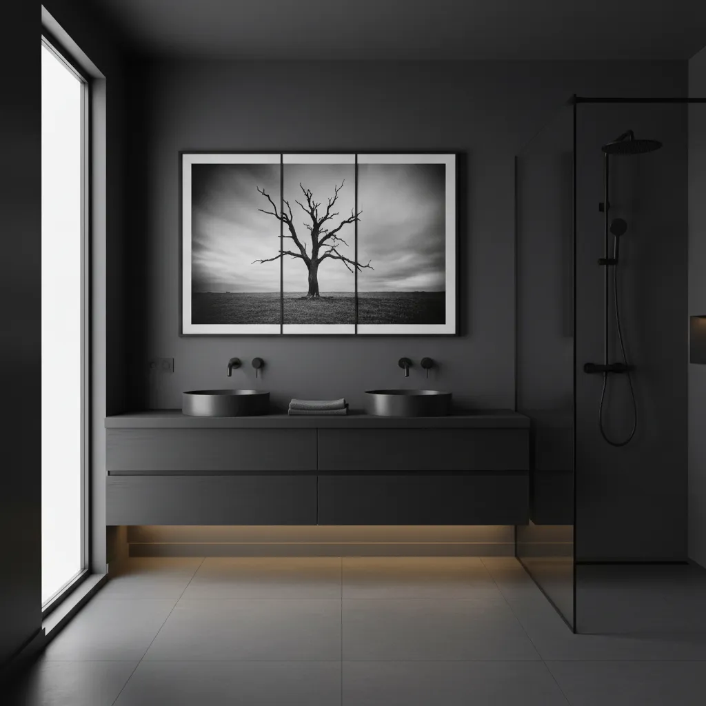 Minimal masculine bathroom with dark walls large framed artwork and black vanity