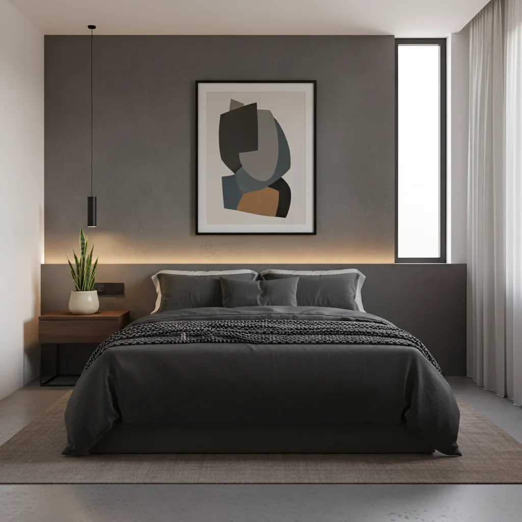 Minimal masculine bedroom wall decor with single large artwork above bed