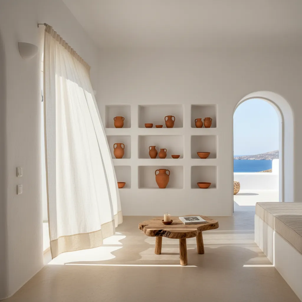 Minimalist room with white walls, wall shelves, clay pots, wooden coffee table, curtain, and sea