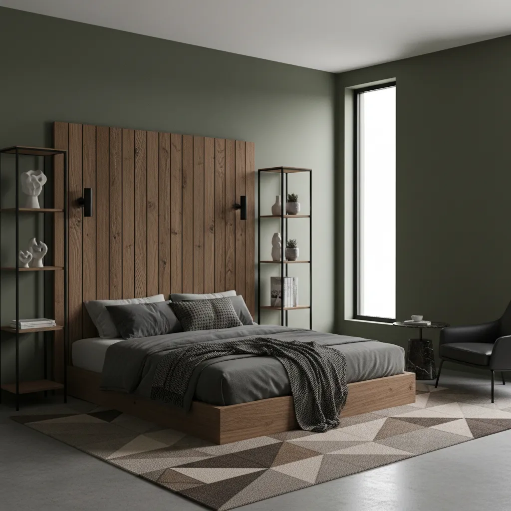 minimal men's bedroom with olive green painted wall and wood furniture