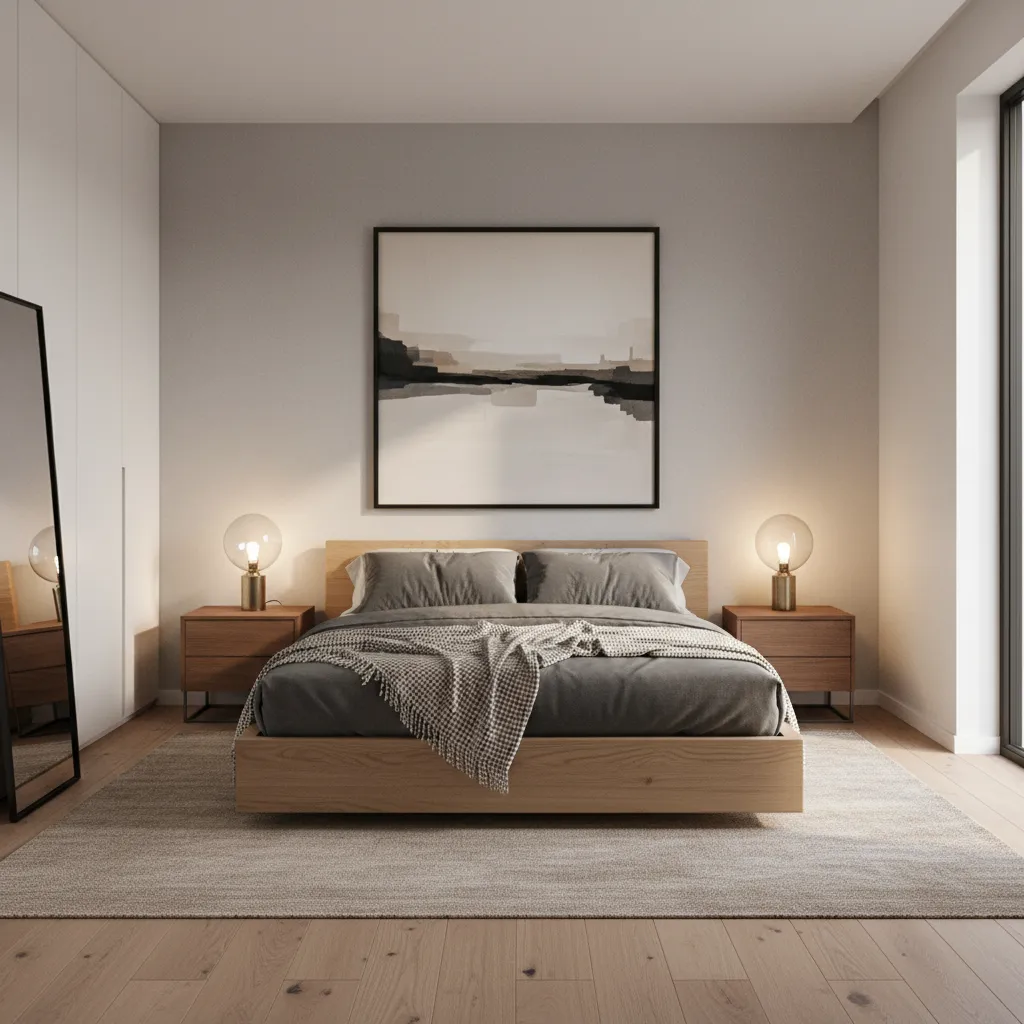 minimal men's bedroom layout with neutral palette and modern furniture