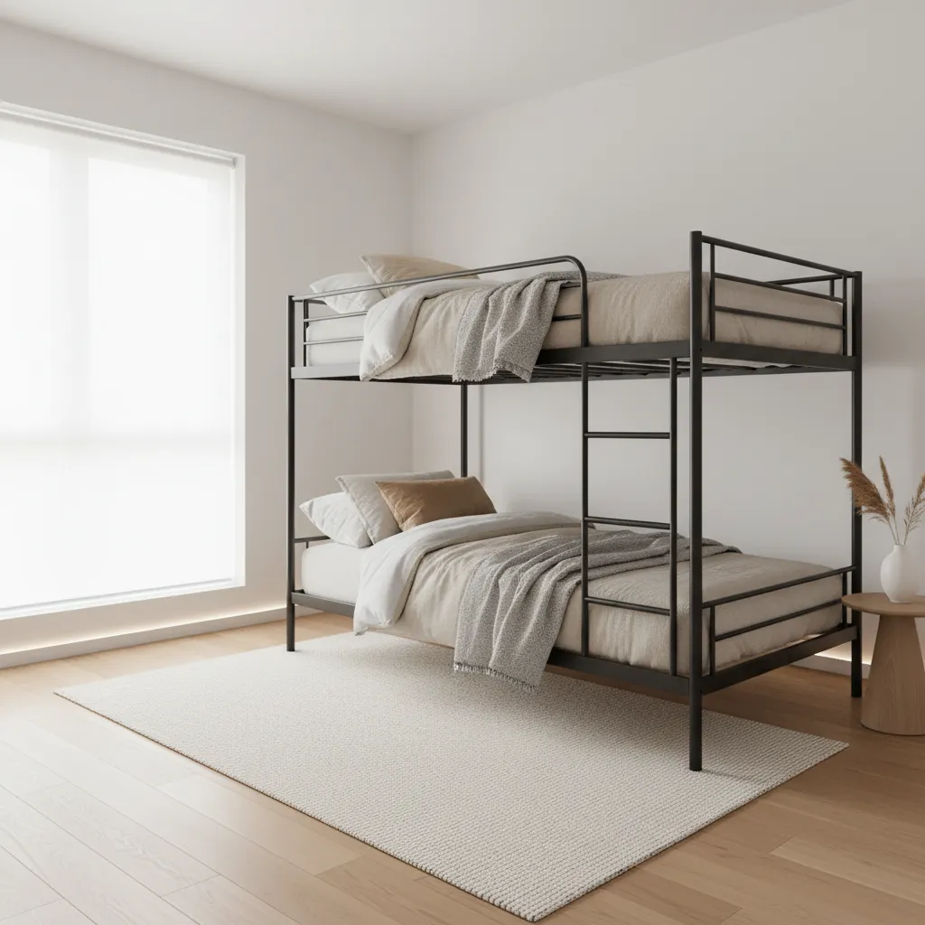 minimal metal bunk bed frame in modern small bedroom