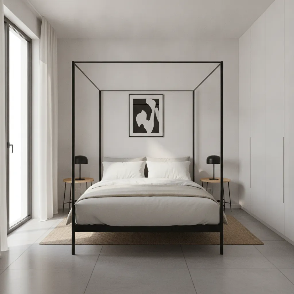 Thin black metal canopy bed frame in a compact modern bedroom