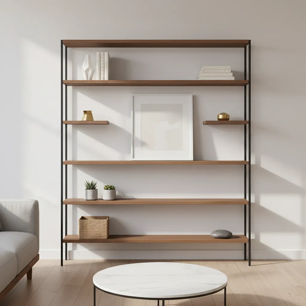 Minimal metal frame shelves with decorative spacing and negative space