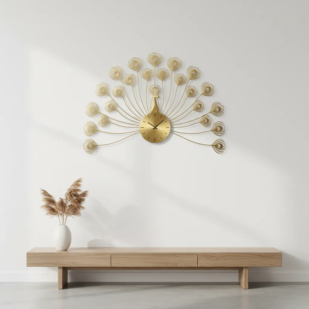 Minimal metal peacock wall clock with open feather design