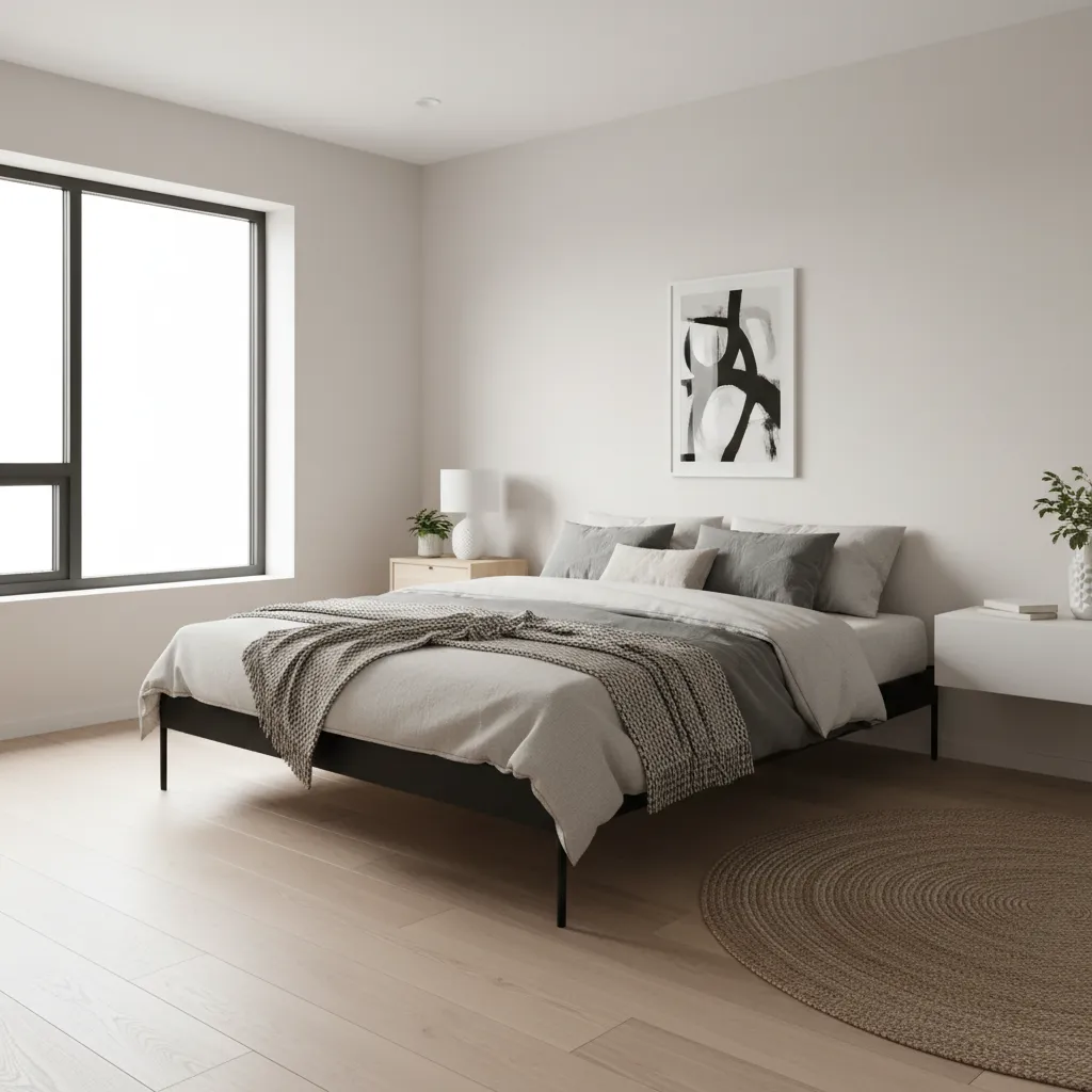 minimal metal queen bed frame with open space underneath