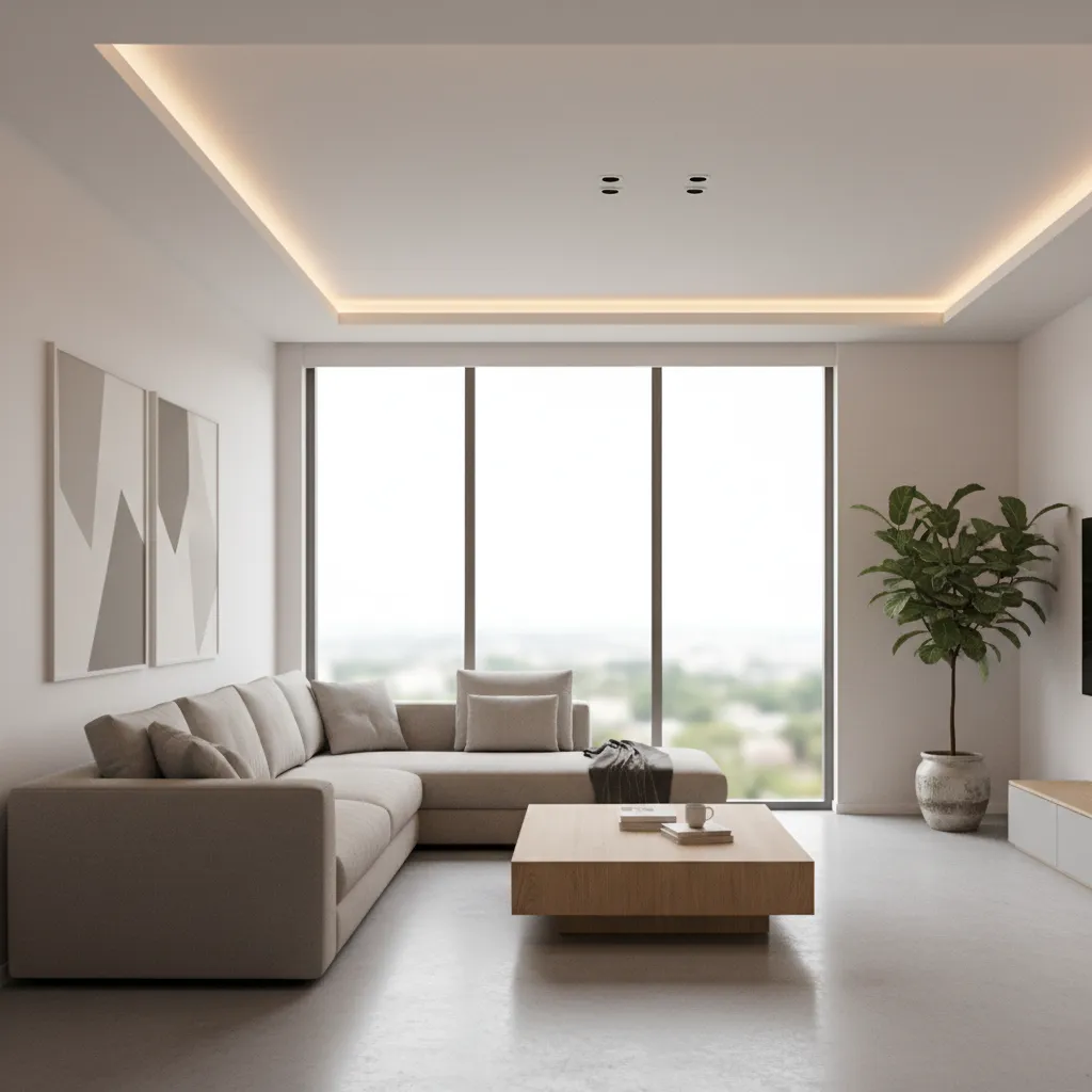 minimalist living room with recessed modern false ceiling lighting