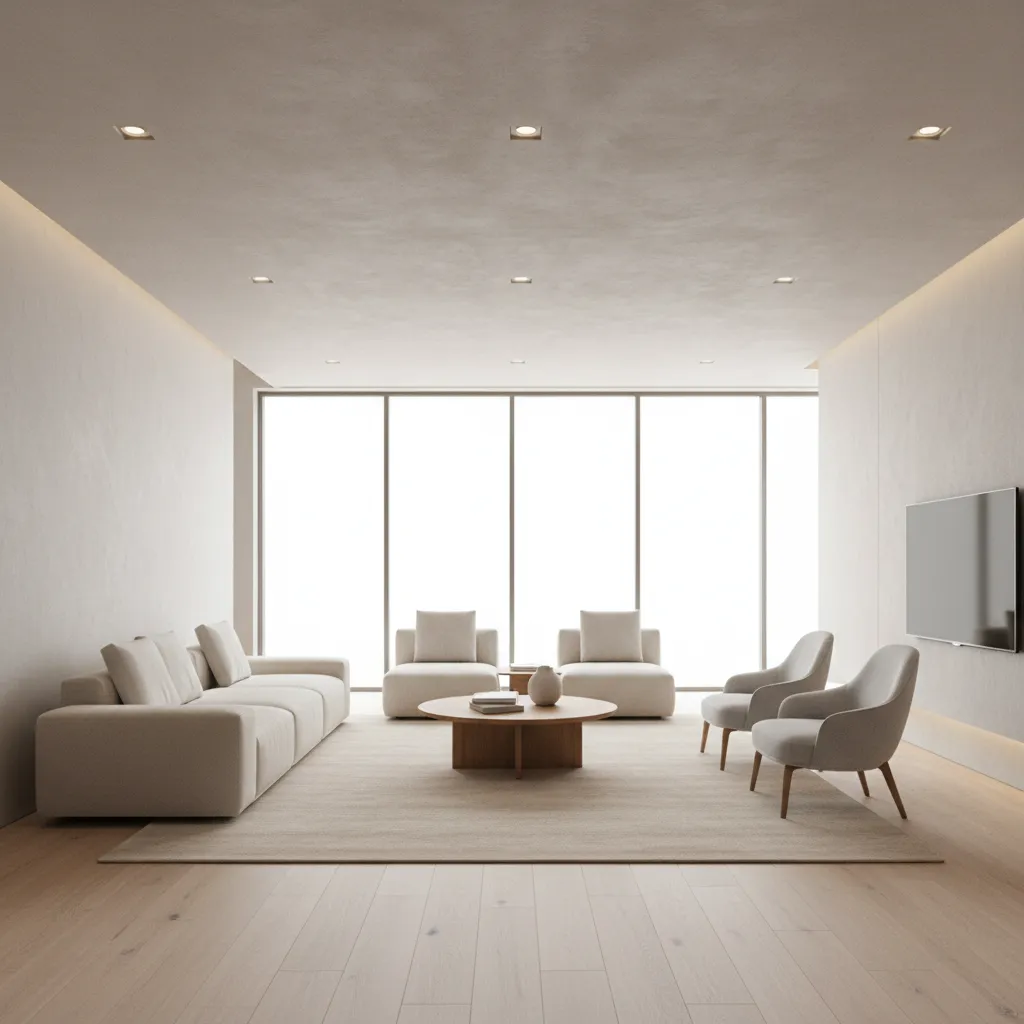 Minimal modern hall with simple gypsum false ceiling and recessed lights