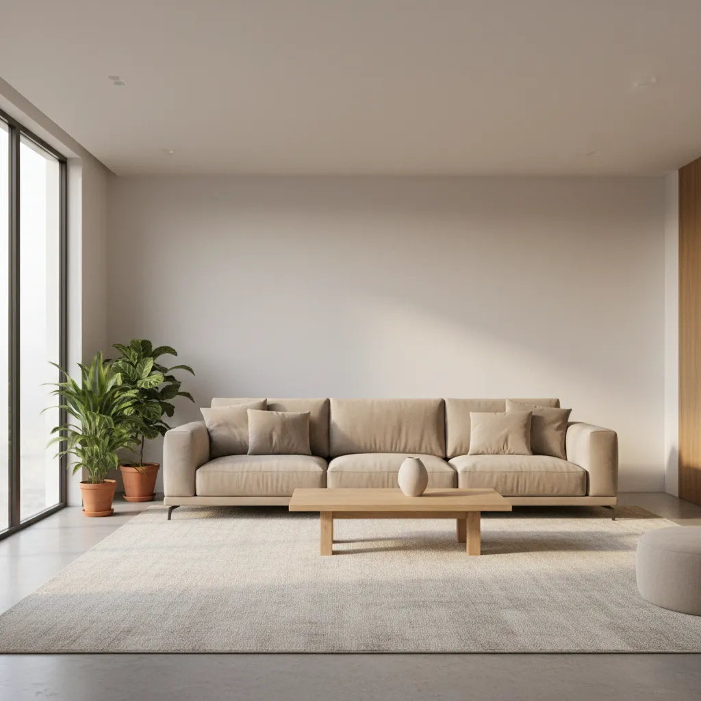 minimal modern living room layout with neutral sofa and open space