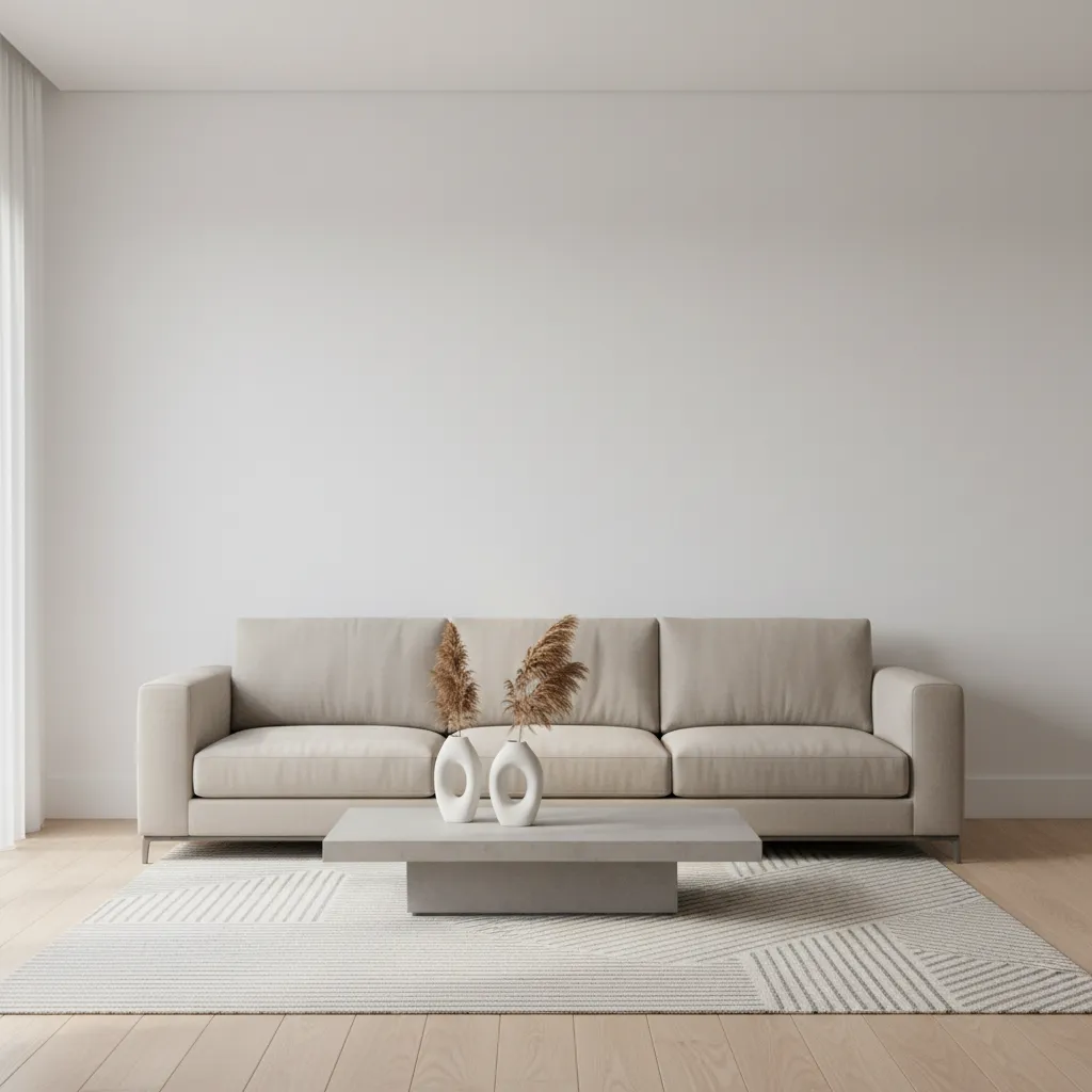 Minimalist modern living room with a large blank wall and neutral furniture