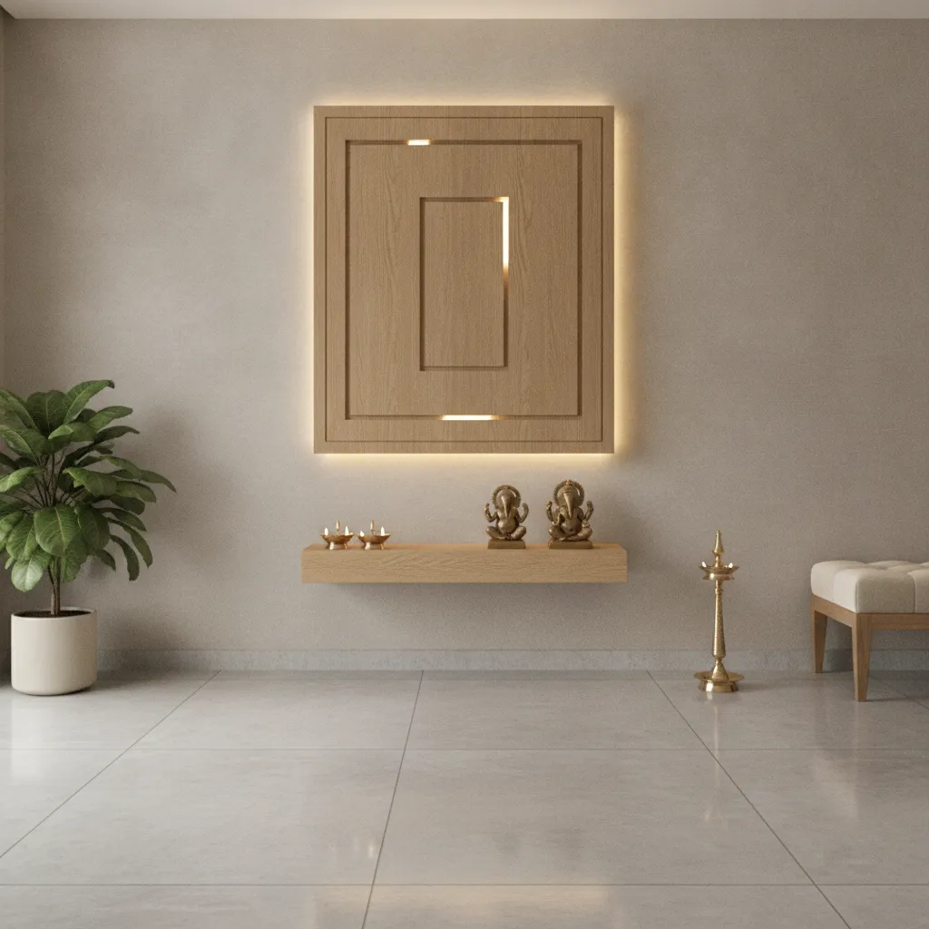minimal modern puja room with wooden mandir and soft lighting