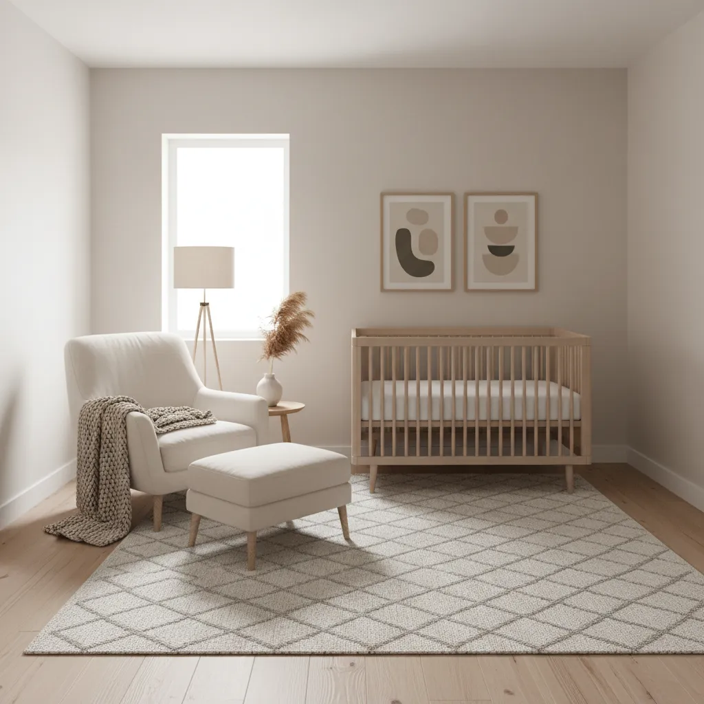 minimal newborn nursery room with crib soft lighting and neutral decor