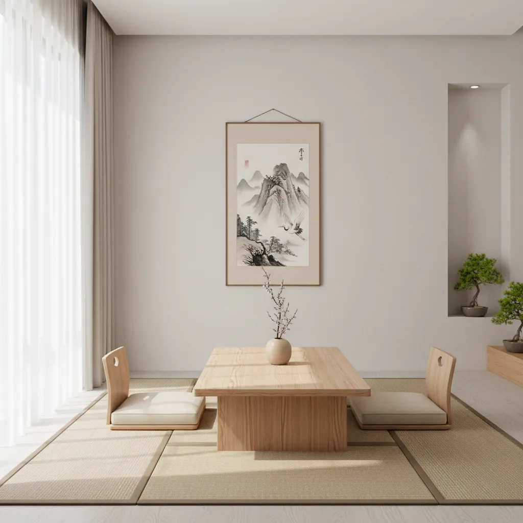 Minimal oriental living room with single focal decor and balanced furniture layout
