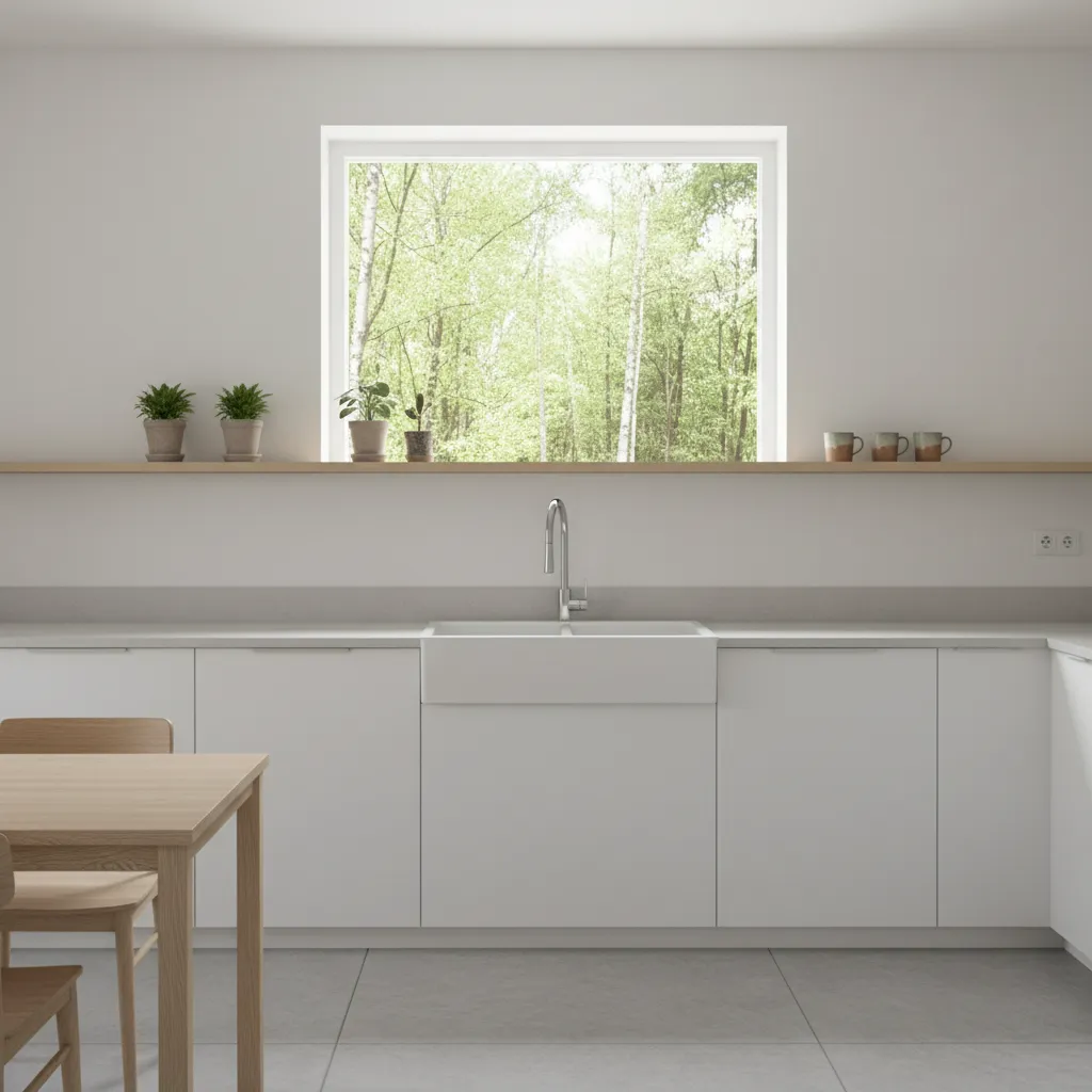 Minimal kitchen with slim floating shelf above sink and window
