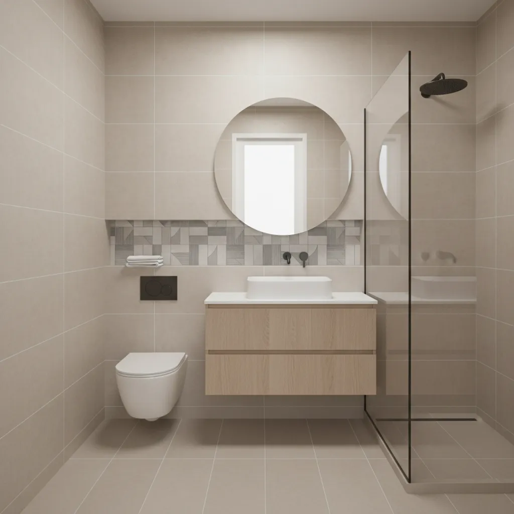 Minimal tile pattern bathroom with subtle accent tiles in shower niche