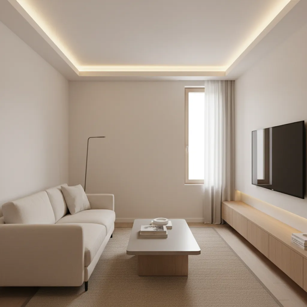 Minimal perimeter false ceiling design in a small living room