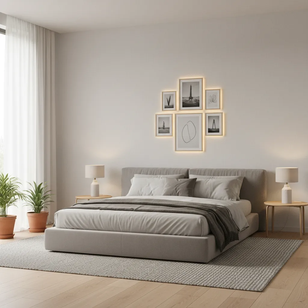 Minimal bedroom photo wall with soft backlighting