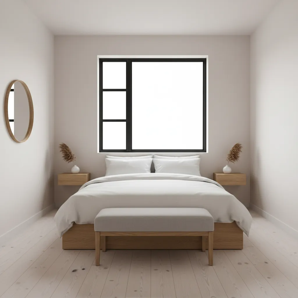 Minimal platform bed in a bright small bedroom with simple decor