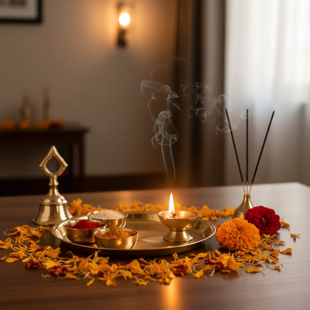 Minimal pooja decoration items including diya bell and incense holder
