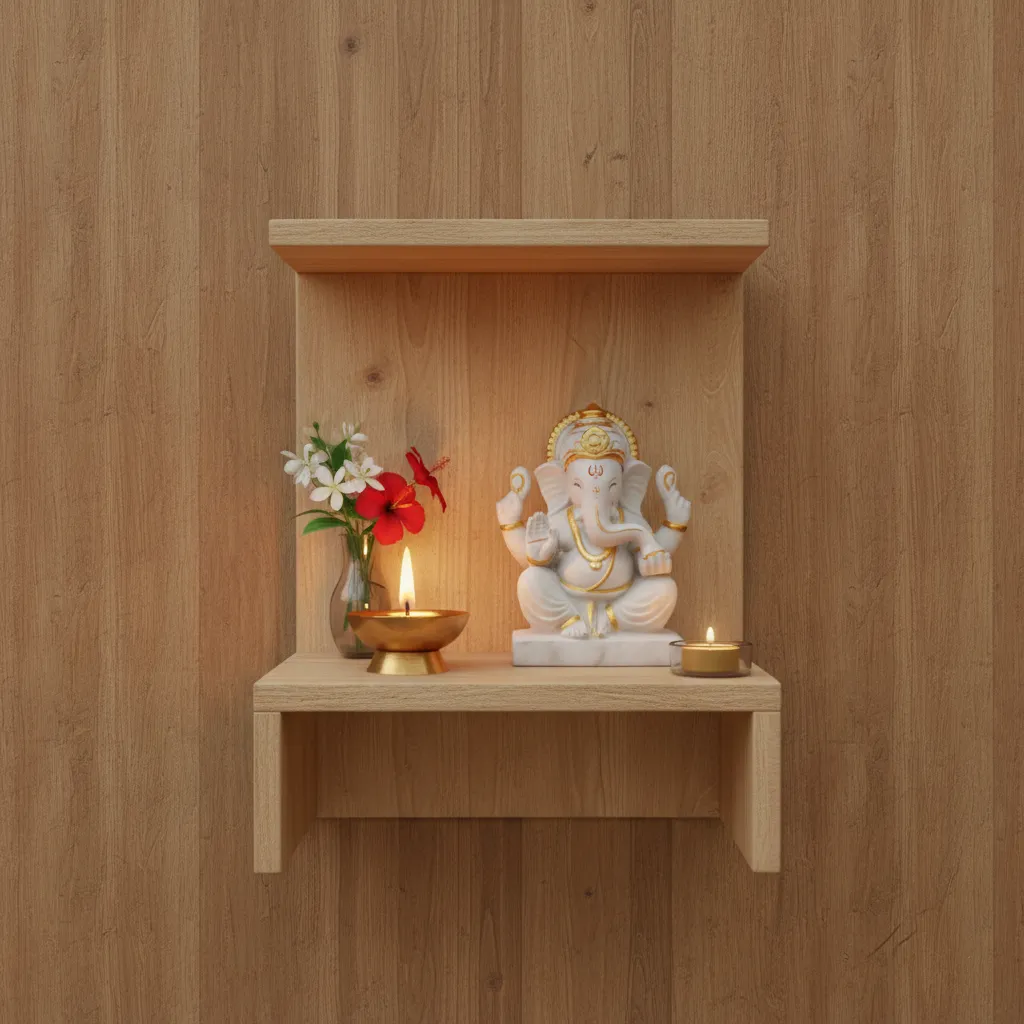 minimal pooja setup with brass diya flowers and idol