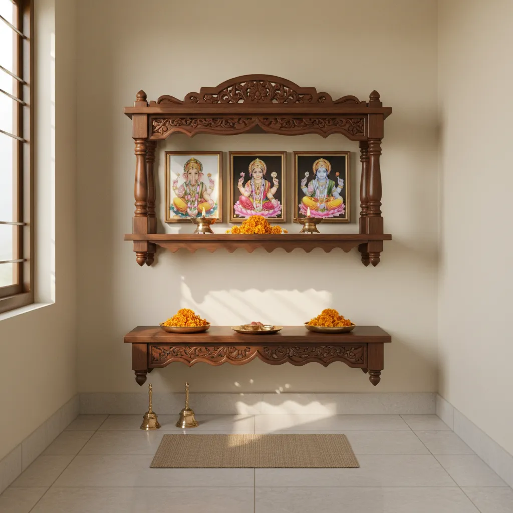 minimal pooja room altar with a few deity photos and lamps