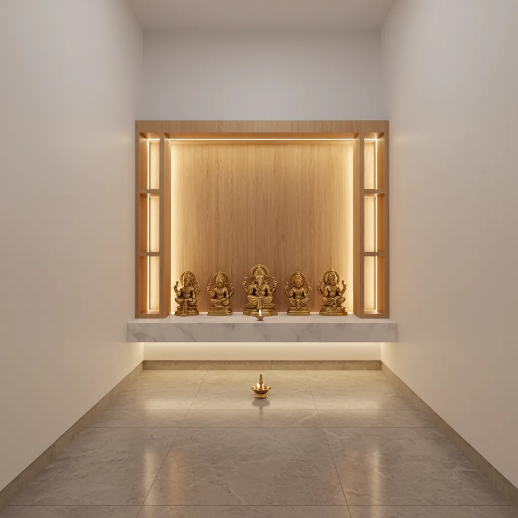 Minimal pooja room with white walls wooden mandir and warm lighting